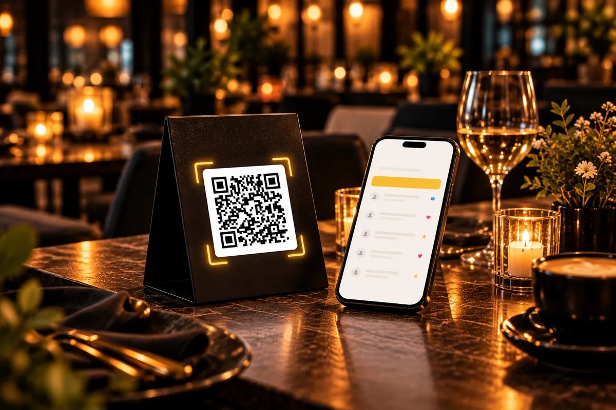 Telefon mit Wunschliste neben einem QR-Aufsteller auf einem Caf&eacute;-Tisch