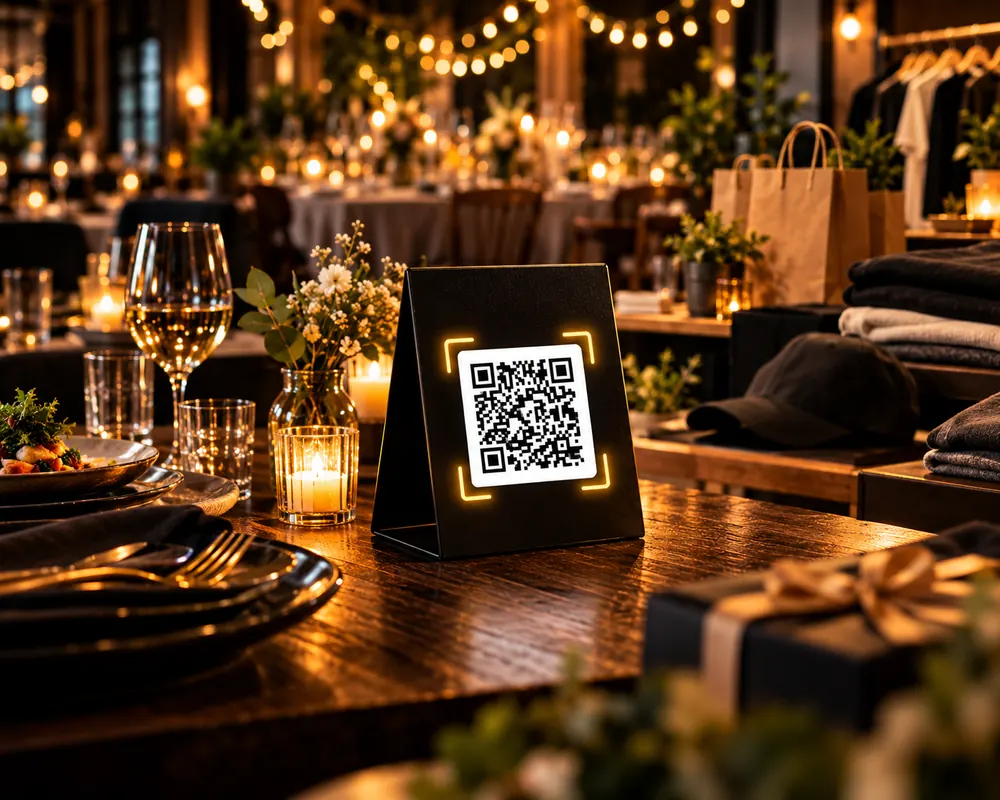 QR-Aufsteller zwischen Restauranttisch, Feier, Laden und Textilien