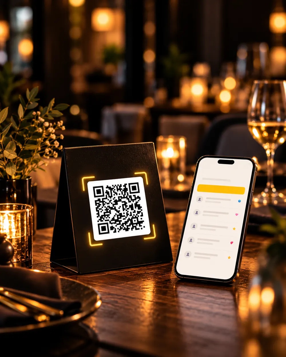 Telefon mit Wunschformular neben einem QR-Aufsteller