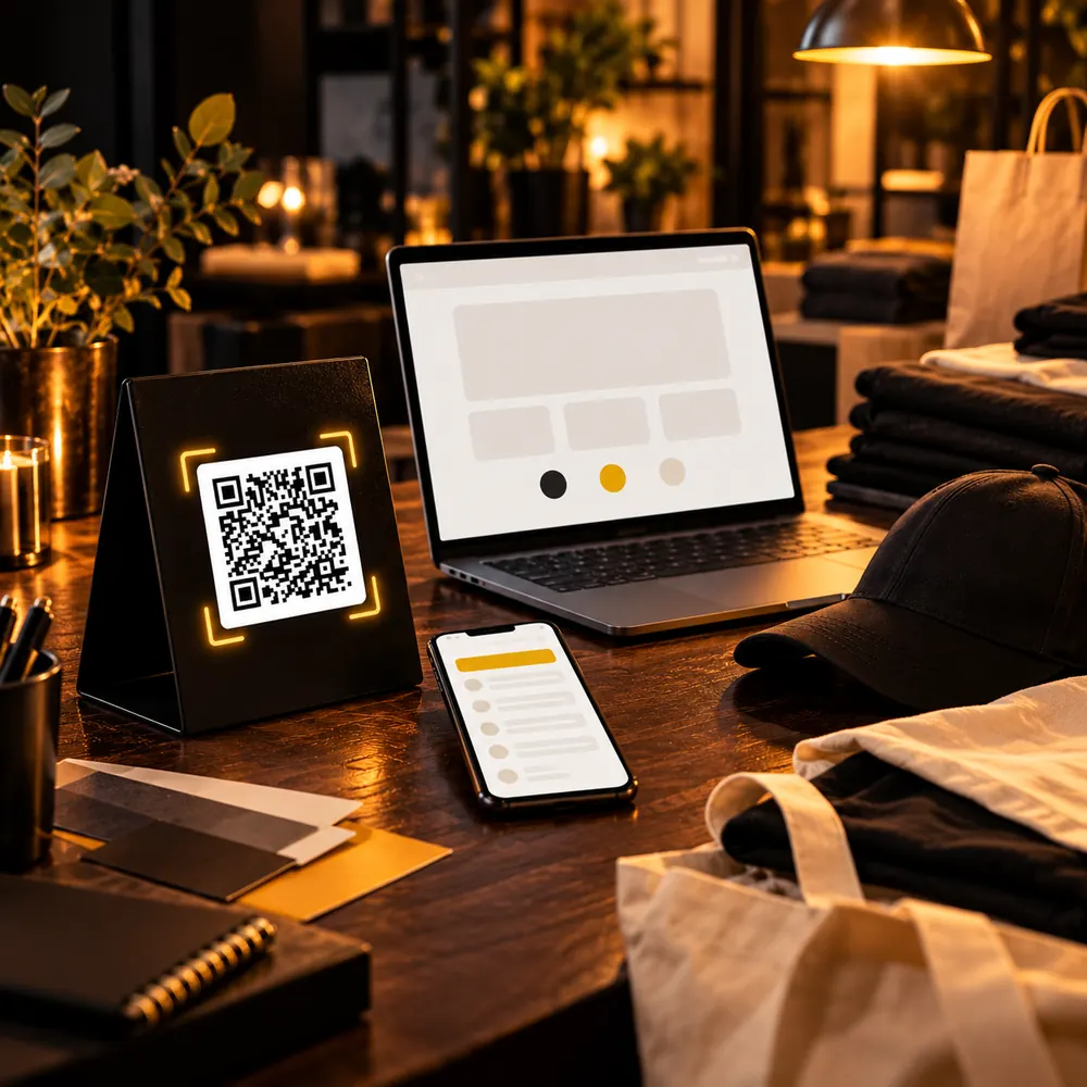 Laptop mit Design-Einstellungen, Telefon und Aufsteller